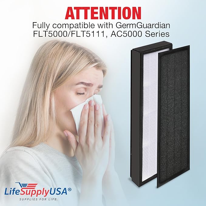 LifeSupplyUSA True HEPA Filter Replacement Compatible with GermGuardian FLT5000/FLT5111 AC5000 Series, Filter C Air Purifier (3-Pack)