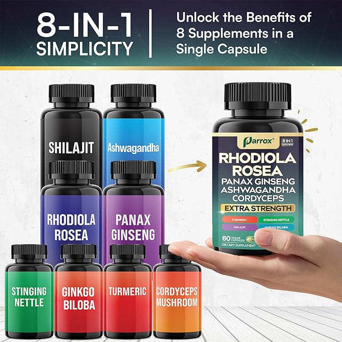 Rhodiola Rosea Panax Ginseng Ashwagandha Cordyceps Mushroom Turmeric Ginkgo Biloba Stinging Nettle Adaptogen Blend Supplement Capsules for Daily Wellness Support – 60 Capsules
