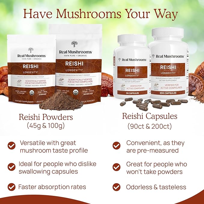 Real Mushrooms Reishi Mushroom Powder - Handpicked Organic Mushroom Extracts - Red Reishi for Tranquil Daily Wellness with Verified Beta Glucans Vegan, Non-GMO, No Grain Fillers, 45 Servings