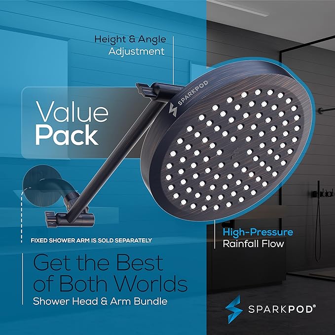 SparkPod Round Rain Shower Head with Extension Arm - Height Adjustable Shower Head with High Pressure Performance - Easy 1-Minute Installation (11" Arm Extension, Vintage Oil-Rubbed Bronze)