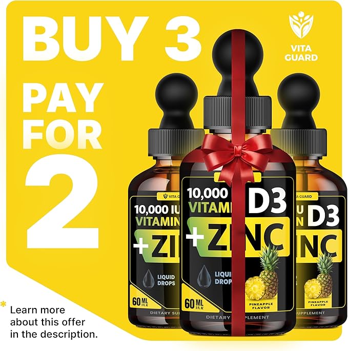 Vitamin D3 Drops with Zinc – 10,000 IU D3 & 15 mg Zinc Liquid Supplement – Immune Support for Men & Women – Sugar-Free Pineapple Flavor – 30-Day Supply
