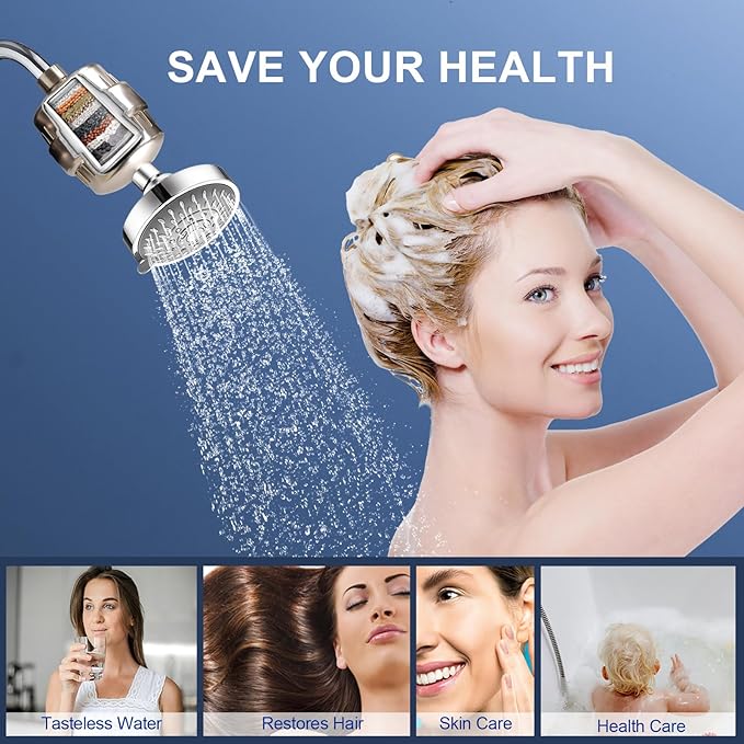 Shower Head Filter, 15 Stage Shower Water Softener, Universal High Output Shower Filter for Removing Chlorine and Fluoride, Improves the Condition of Your Skin, Hair and Nails - Nickel