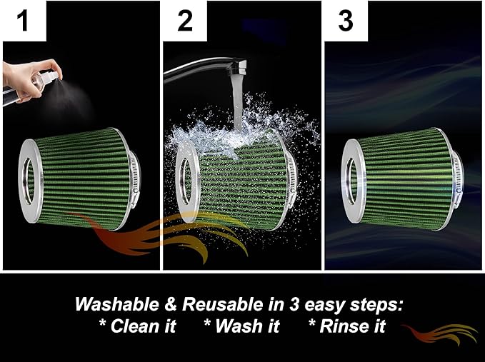 GREEN 2.75" 70 mm Inlet Cold Air Intake Cone Replacement Performance Washable Clamp-On Dry Air Filter