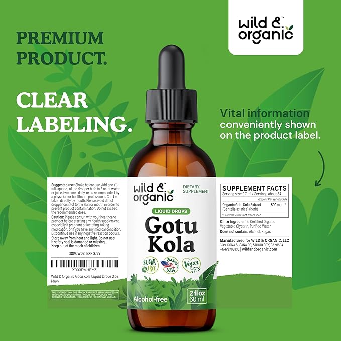 Wild & Organic Gotu Kola Herb Tincture - Brain Support - Gotu Kola Liquid Extract Drops - Vegan, Sugar & Alcohol-Free Centella Asiatica Supplement - 2 fl oz
