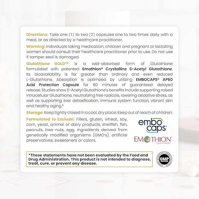 Pure Therapro Rx S-Acetyl Glutathione Gold 100mg, Made in USA - 4 Month Supply | Acid Resistant Capsules | Patented Acetylated Form of Glutathione | Zero Fillers, Pharmaceutical Grade, Non GMO