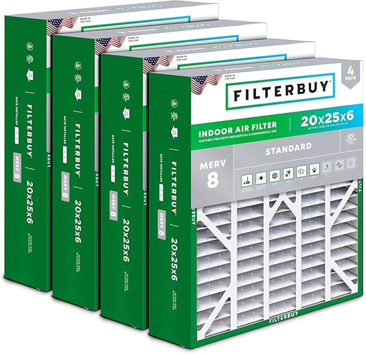 Filterbuy 20x25x6 Air Filter MERV 8 (MPR 700) Dust Defense (4-Pack), Pleated HVAC AC Furnace Filters for Aprilaire Space-Gard 201/2200 / 2250 & Lennox (Actual Size: 19.75 x 24.25 x 6.00)