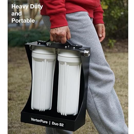 Duo S2 External 2-Stage RV Fresh Water Filter System, High Flow, NSF Housings, 3/4" GHT Stainless Steel Fittings, Reduce Sediment, Chlorine, Odor, Heavy Duty Free-Standing Chassis, White