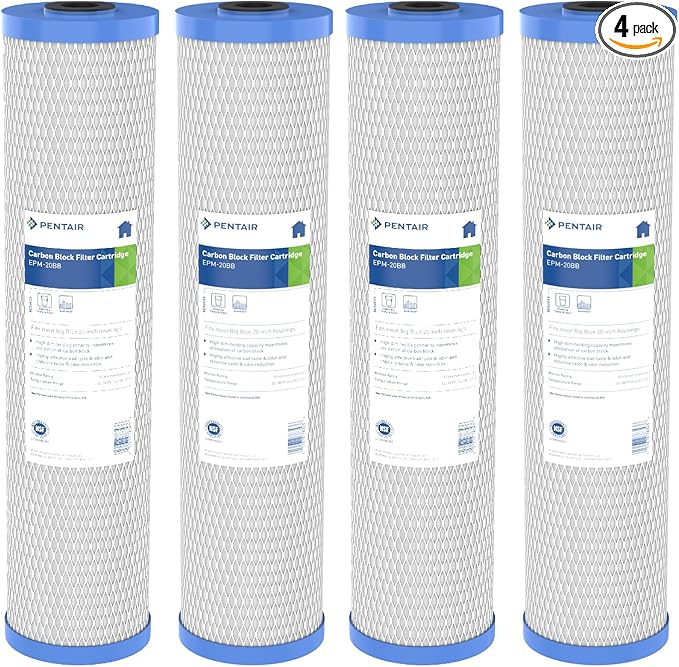 Pentair Pentek EPM-20BB Big Blue Carbon Water Filter, Whole House Modified Epsilon Carbon Block Filter Cartridge with Bonded Powered Activated Carbon (PAC) Filter, 20” x 4.5”, 10 Micron, Pack of 4