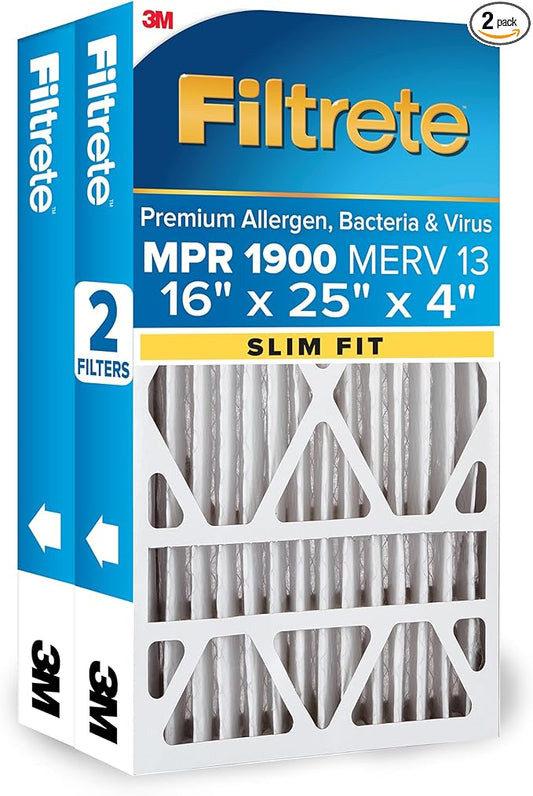 Filtrete 16x25x4 (SlimFit) AC Furnace Air Filter, MERV 13, MPR 1900, Premium Allergen, Bacteria & Virus, Electrostatic Air Cleaning Filter, 2-Pack (Actual Size 15.5x24.5x3.75 in)