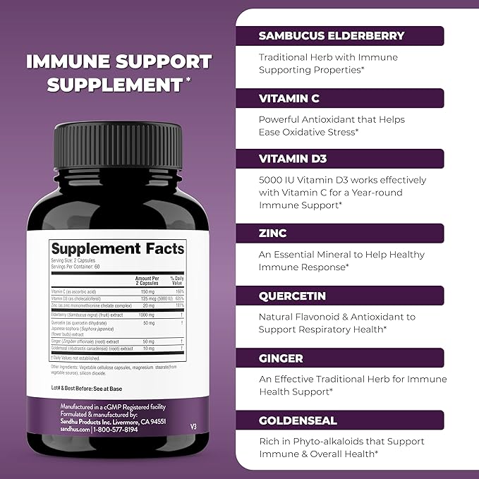 Sandhu's Elderberry Vitamin C Vitamin D3 Goldenseal with Zinc & Quercetin | Capsules for Men & Women | Supports Immune Health | 120 Count (Pack of 1)