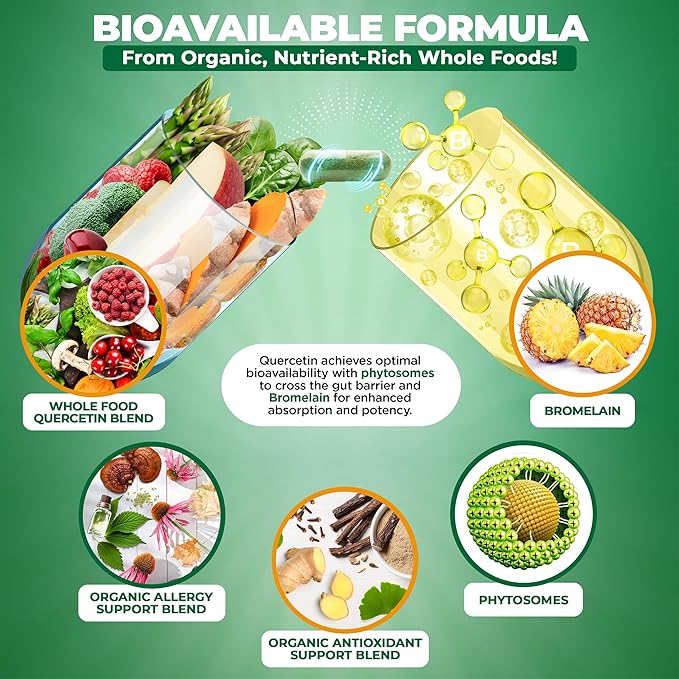 Quercetin with Bromelain 500mg Supplement - Bioactive Phytosome Complex, Pure Organic Whole Food Seasonal Support, Antioxidant, 20X Absorption & Bioavailability-120 Caps