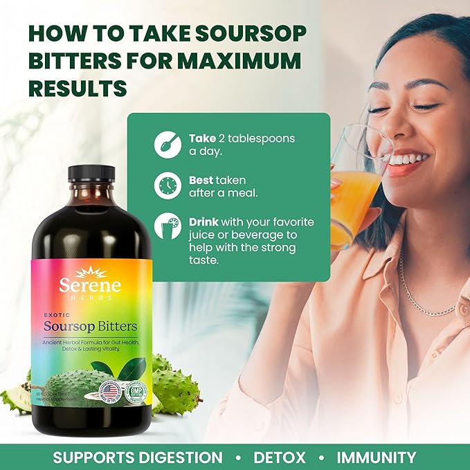 Soursop Bitters Liquid - Organic Herbal Sour SOP Guanabana Detox with Black Seed, Moringa & Ginger - Supports Digestive Wellness & Immune Function - 16 fl oz