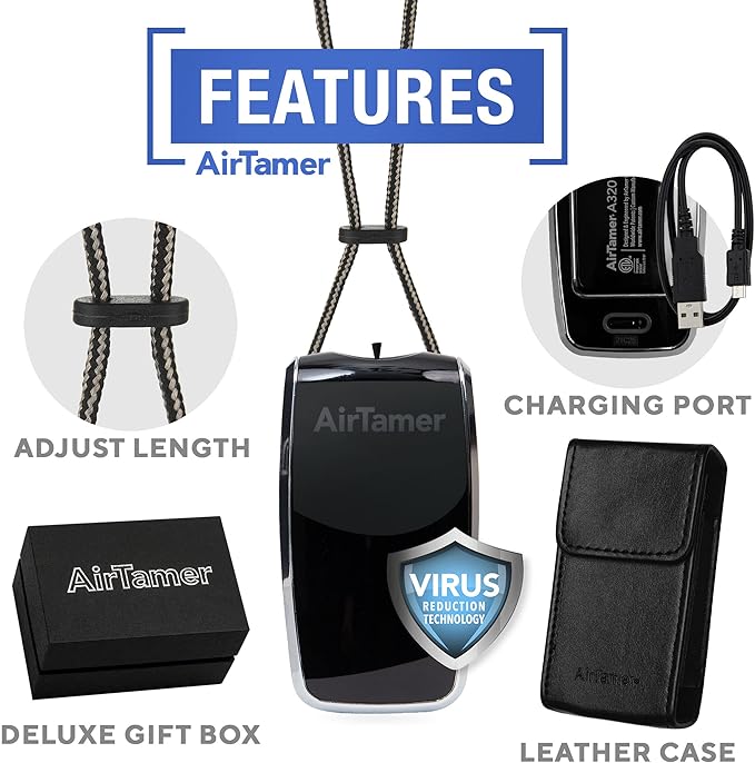 AirTamer A320 Rechargeable Personal Air Purifier, Proven Performance, Virus and Pollutant Tested*, Black with Leather Travel Case