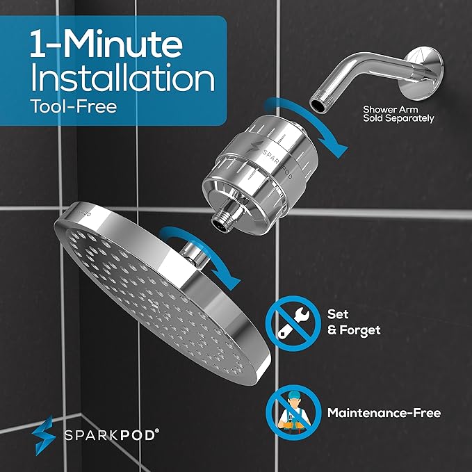 SparkPod Luxury Filtered Shower Head Set 23 Stage Shower Filter - Reduces Chlorine and Heavy Metals - High Pressure Showerhead Filter (8" Round, Luxury Polished Chrome)