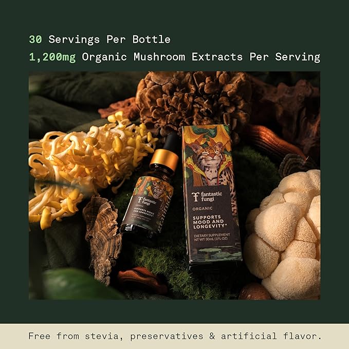 Mushroom Supplement with Cordyceps, Reishi, Lion's Mane, Chaga, Turkey Tail, Shitake, Maitake & Tremella - Adaptogen Drops - Organic Mushrooms Liquid Tincture - 8-in-1 Mushroom Extract Complex, 1fl oz