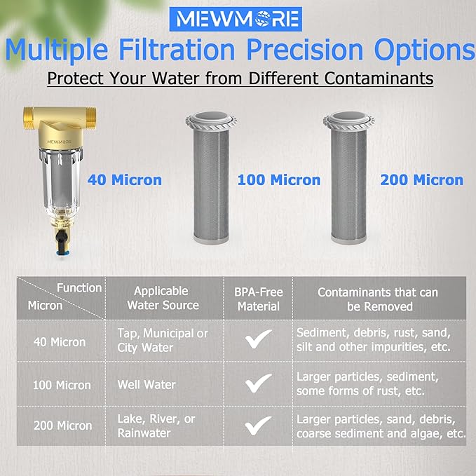 WHC40 Sediment Filter, 40 & 100 & 200 Micron Reusable Spin Down Sediment Water Filter, Whole House Water Filter for Well Water, Home Pre-filtration System, 1" MNPT + 3/4" FNPT + 3/4"MNPT