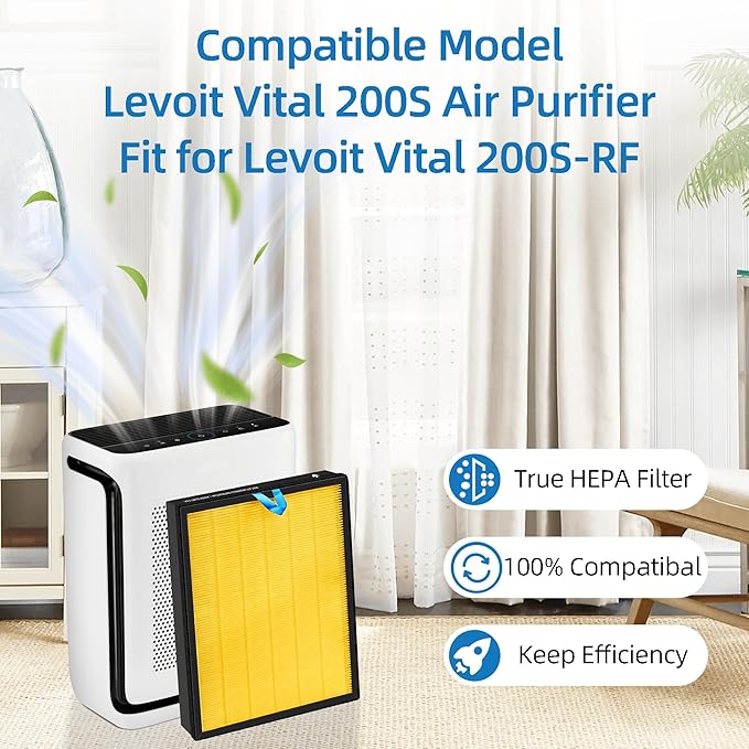 Vital 200S Pet Allergy Replacement Filter for LEVOIT 200S and Vital 200S-P Air Purifier, 3-in-1 True HEPA, High Efficiency Activated Carbon Filter,Replaces Vital 200S-RF-PA, 2 Packs, Yellow