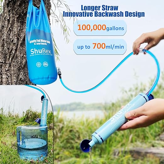 Gravity Fed Water Filtration System with Adjustable Tree Strap, 1.5 Gal Large Gravity Bag with Filter Straw, Water Purifier Survival for Travel, Backpacking, and Emergency Preparedness (6L)