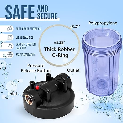 High Capacity 10 x 4.5” Transparent Whole House Water Filter Purifier System with Presser Relief Button 1” Inlet/Outlet Bass Port & Yearly Supply (3) Granular Coconut Shell Activated Carbon Cartridges