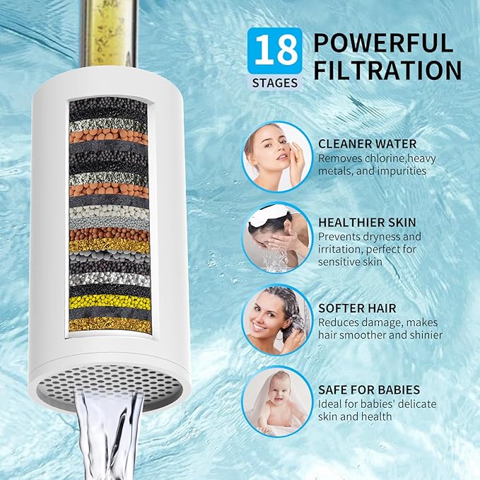 Filtered Shower Head with Extension Arm - EMBATHER 8 Inch High Output Showrhead with 3 Spray Settings, 18 Stage Filter for Hard Water, 11" Adjustable Arm, Brass Swivel Ball Jiont, Matt Black
