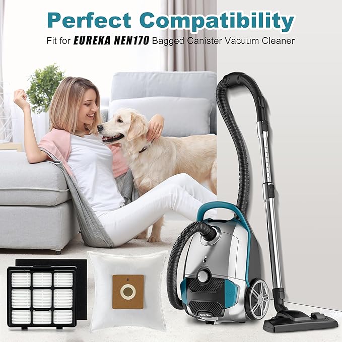 14 Pack NEN170 Replacement Parts Compatible with Eureka NEN170 bagged Canister Lightweight Vacuum Cleaner for Carpets and Floors, 10 Dust Bags, 2 Inlet Filter Sponge, 1 HEPA Filter, 1 Cleaning Brush