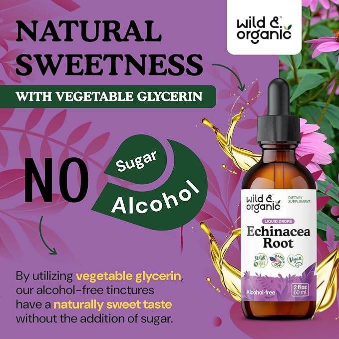 Wild & Organic Echinacea Tincture - Immune Support Drops with Liquid Echinacea Root Extract - Angustifolia Supplements - Vegan, Sugar & Alcohol-Free - 2 fl oz