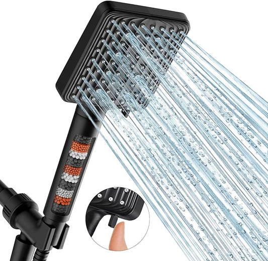 Filtered Shower Head Black - 6 Modes High Pressure Handheld Shower Head with Filter Mineral Beads, Detachable Handheld Showerhead Set with Stainless Steel Hose and Shower Arm Bracket