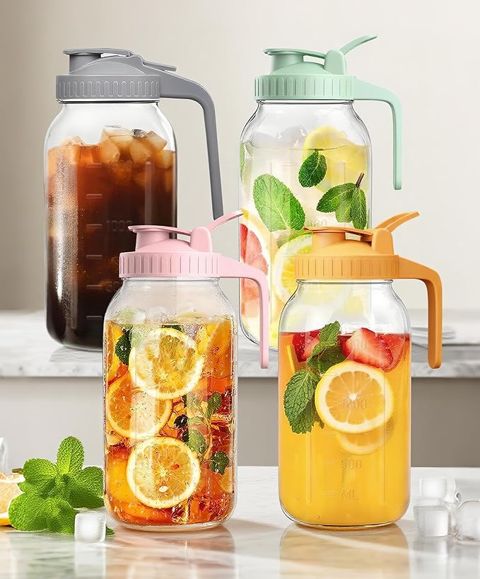 2 Quart Wide Mouth Glass Pitcher with Lid, 64oz Mason Jar Pitcher, Leak-proof Iced Tea Pitcher,Heavy Duty Container for Fridge Sweet Tea,Juice,Cold Brew Coffee,Breastmilk Storage Drinks-1PACK/Gray