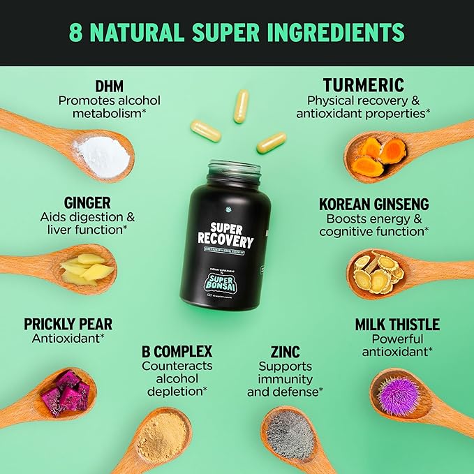 SuperBonsai Super Recovery Capsules for Post Celebration and Morning Relief - All Natural Holistic Support - 3 Capsules Taken Before Drinking and an Optional Serving After (14 Servings)
