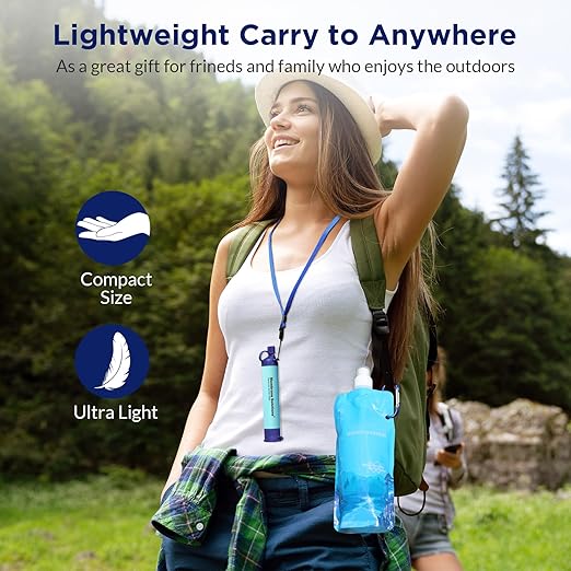 Membrane Solutions Squeezable Water Filtration System, Survival Water Purifier Kit, Portable Backpacking Gear Including Water Filter Straw and 23oz Collapsible Bottle for Hiking Camping Travel(1+2)