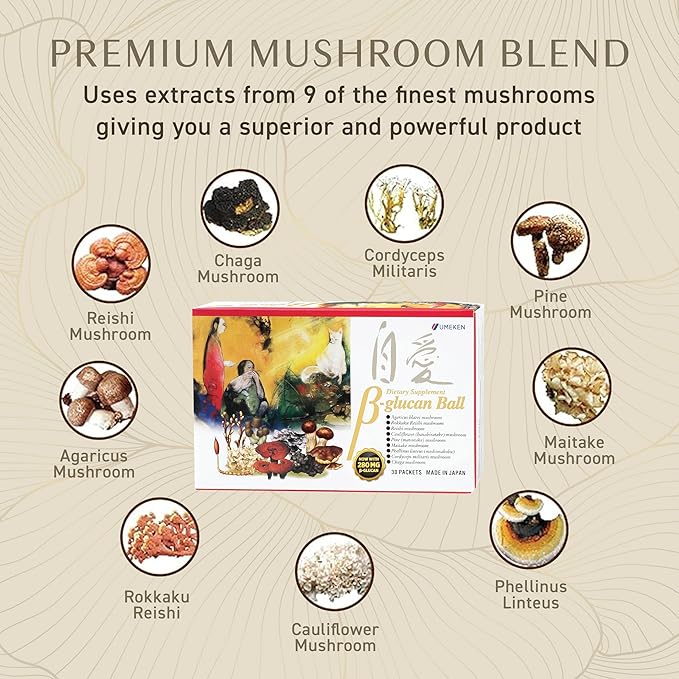 Umeken Beta Glucan, Immune Boost, Mushroom Extract, Dietary Supplement, Blend of 9 Premium Mushroom Extract Packets, Easy to Take Beta Glucan Supplements, 1 Month Supply, 30 Count Box, Pack of 1