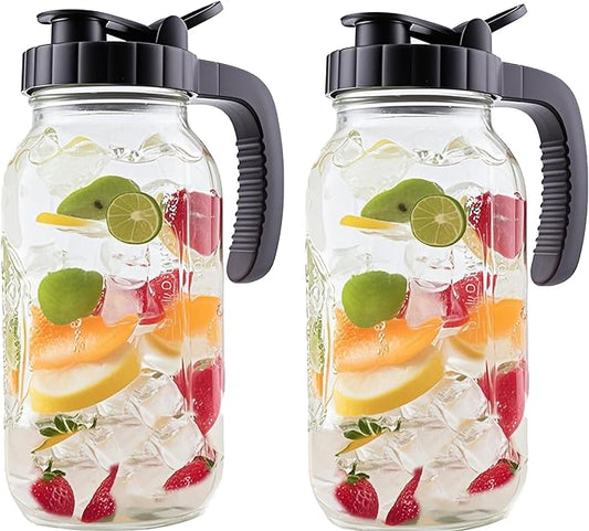 2 Quart Glass Mason Jar Pitcher With Lid 2 Set 64 Oz Wide Mouth Cold Hot Water Pitcher Half Gallon Sun Tea Coffee Jug Carafe For Fridge Lemonade, Beverage,Milk,Juice, Cold Brew Iced Tea Container