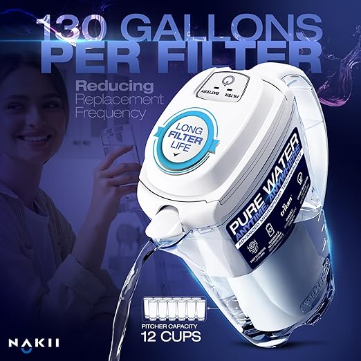 Water Filter Pitchers, 10 Cup Advanced Tap Water Aqualen Filtration Technology, Smart Pitcher with Filter Alert, BPA Free Tritan Plexiglass, 1 Filter Cartridge, Nakii by Aquaphor