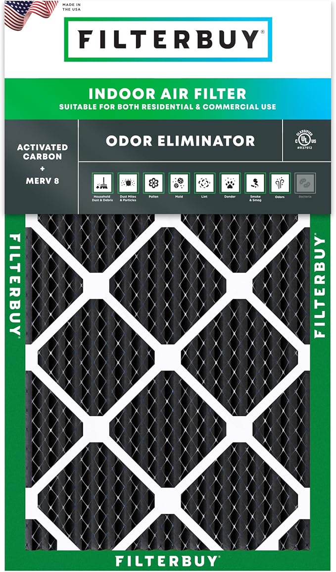 Filterbuy 20x30x1 Air Filter MERV 8 Odor Eliminator (1-Pack), Pleated HVAC AC Furnace Air Filters Replacement with Activated Carbon (Actual Size: 19.63 x 29.63 x 0.75 Inches)