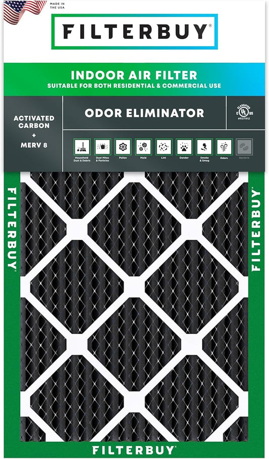 Filterbuy 20x30x1 Air Filter MERV 8 Odor Eliminator (1-Pack), Pleated HVAC AC Furnace Air Filters Replacement with Activated Carbon (Actual Size: 19.63 x 29.63 x 0.75 Inches)