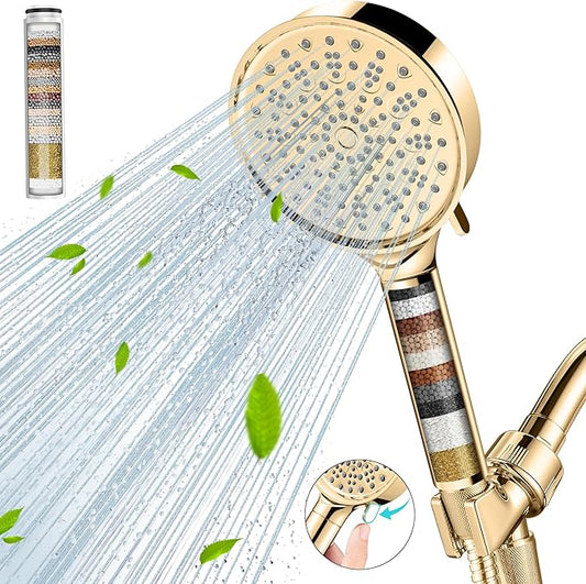 Cobbe Filtered Shower Head with Handheld, High Pressure 6 Spray Mode Showerhead with Filters, Water Softener Filters Beads for Hard Water - Remove Chlorine - Reduces Dry Itchy Skin, Egyptian Gold