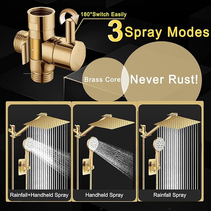 Shower Head, 8" High Pressure Rain shower head with Handheld Spray Combo, 6 Settings Handheld with 78" Anti-leak Hose, 11" Adjustable Extension Arm, Ultra Thin Water Saving, Gold, AWAXFOLO