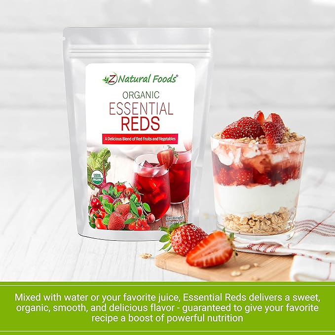 Z Natural Foods Organic Essential Reds, Organic Juice Powder, Super Blend of 10 Red Fruits and Vegetables, Superfood Smoothie Powder, Non-GMO, Vegan, 1 lb