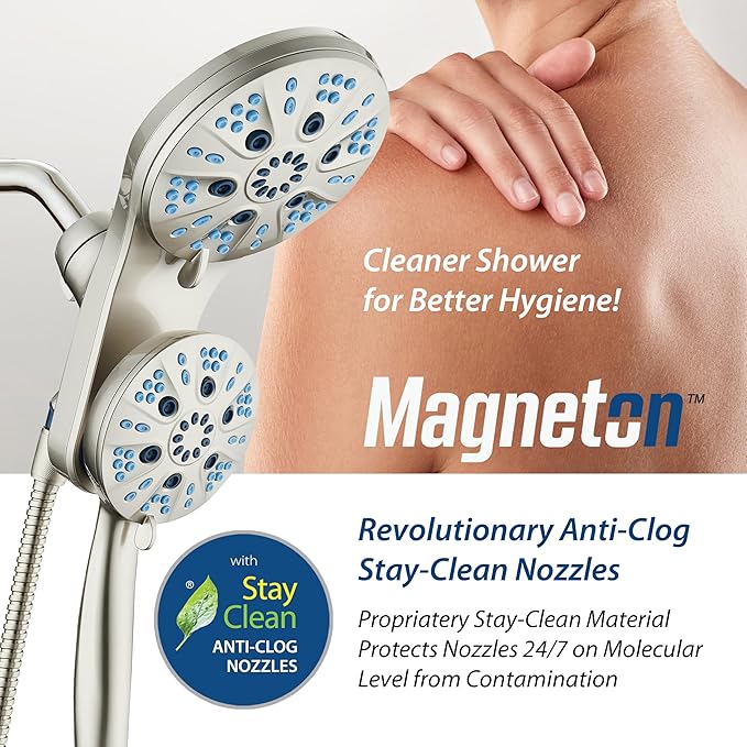 AquaCare Magneton High-Pressure 48-mode Luxury 3-way Combo System with Magnetic Guidance Docking, Giant Rain & Handheld Shower Head, Hygienic Jets and 6 ft. Stainless Steel Hose, Satin Nickel