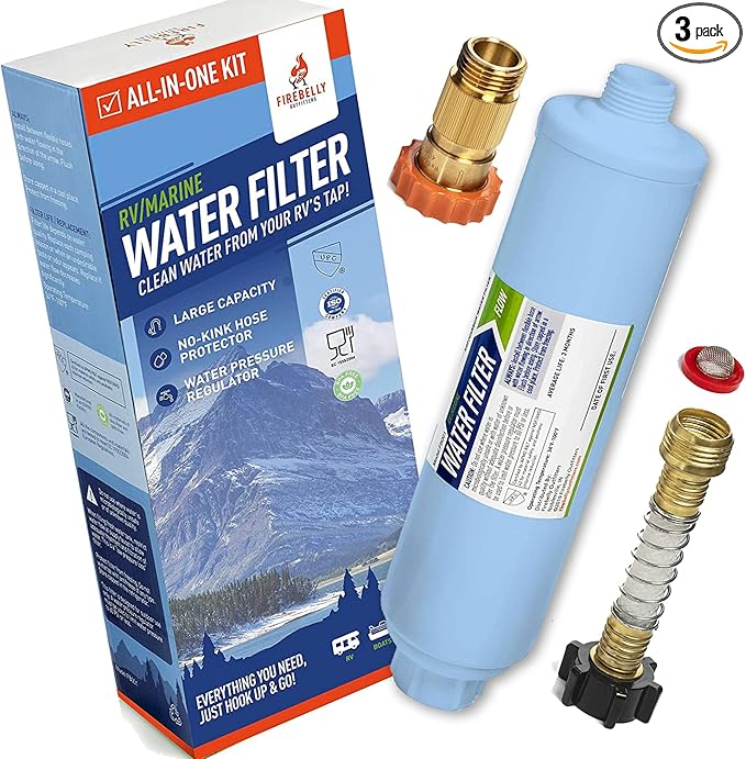 Firebelly Outfitter RV Water Filter, Pressure Regulator Kit - RV Essentials, Camper Accessories for Inside/Outside - Camping Must Haves - Inline Fresh Drinking Hose Filtration System Supplies