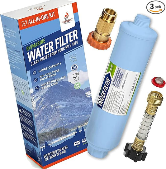 Firebelly Outfitter RV Water Filter, Pressure Regulator Kit - RV Essentials, Camper Accessories for Inside/Outside - Camping Must Haves - Inline Fresh Drinking Hose Filtration System Supplies