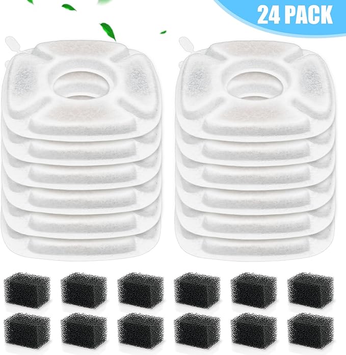 24 Pack Cat Water Fountain Replacement Filters, 12 Pcs Cats Fountain Filters & 12 Pcs Pre-Filter Sponges for 95oz/2.8L 135oz/4L 67oz/2L Automatic Pet Dog Fountain Water Dispenser