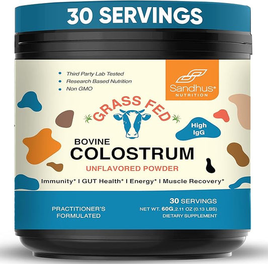 Sandhu's Grass Fed Bovine Colostrum Powder for Humans, Adults | 30 Servings (Pack of 1) Cows Supplement | High IgG for Gut Health | Immunity & Muscle Recovery Support | Unflavored | for Men & Women