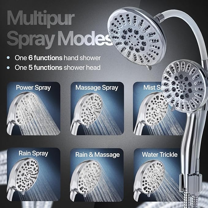AQUAZEN® Dual Shower Head Combo | Adjustable Rainfall + Handheld Shower | 6 Spray Modes Each | Flexible Mount & Swivel Heads | 5ft Stainless Steel Hose | Premium Chrome Finish | Fits All US Showers