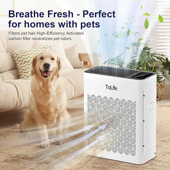 Tolife Powerful Air Purifiers for Home Large Room Up to 2000 Ft²Pets with Washable Filter, Sleep Mode, Timer, HEPA Filter Pet Air Purifier for Bedroom,White