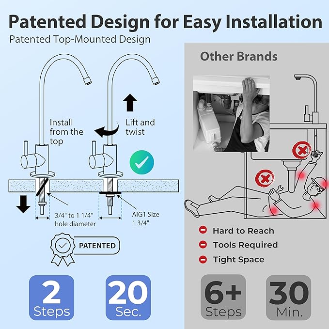 iSpring GA1-B Reverse Osmosis, Kitchen Bar Sink Lead-Free Drinking Water Faucet, Contemporary Style, High Spout, Chrome - 1/4"