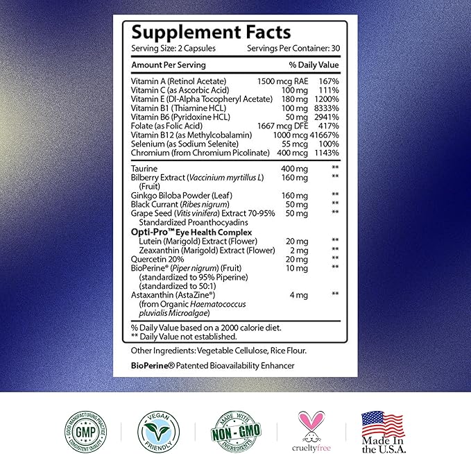 Research Verified Eye Health - Nourish and Protect Eyes and Vision, Support Healthy Retina, Improve Blood Supply to Eyes - Vitamins A, B, C, and E - 60 Capsules - Made in The USA