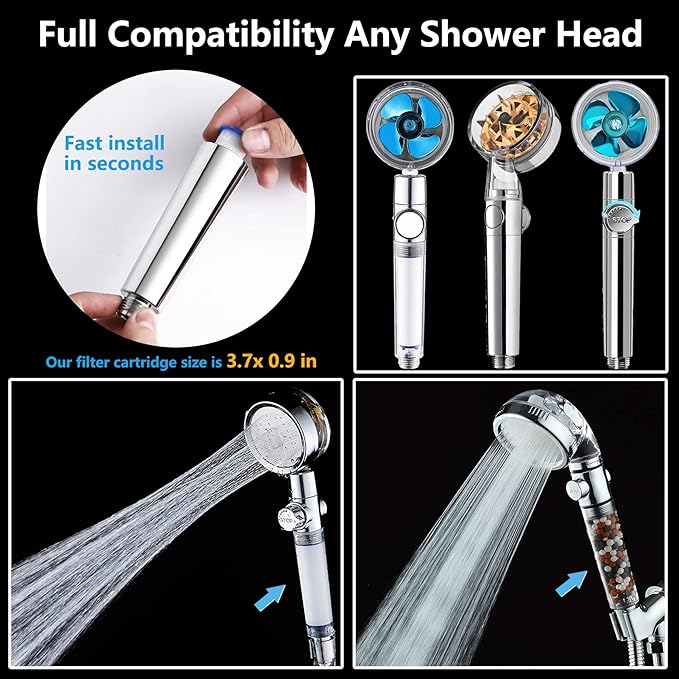 Turbo Shower Head Filter with Minerals, Hydro Shower Head High Pressure Handheld Vortex Turbo Fan Showerhead Filter for Hard Water, Reduces Dry Itchy Skin, 3.7in Set of 6 Replacement PP-Cotton Filters