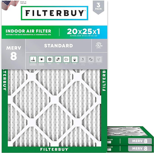 Filterbuy 20x25x1 Air Filter MERV 8 Dust Defense (3-Pack), Pleated HVAC AC Furnace Air Filters Replacement (Actual Size: 19.50 x 24.50 x 0.75 Inches)