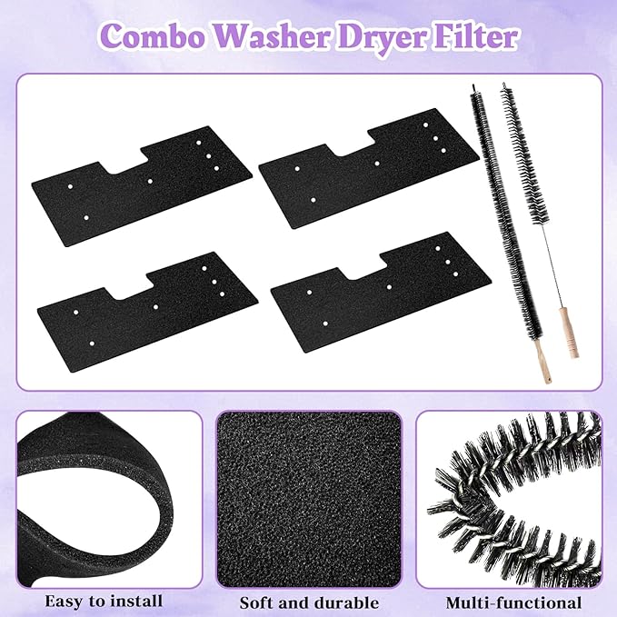 WH01X35719 Lint Filter Compatible with Ge Profile Washer Dryer Combo Foam Filter for PFQ97HSPV0DS Combo Washer Dryer Filter with Lint Brush (1 Long Handled Brush & 1 Full Bristle Brush)- 4 Pack